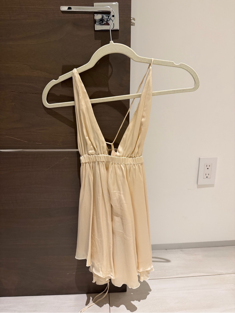 Indah Soft Cream Deep V Mini Dress with Strappy Back